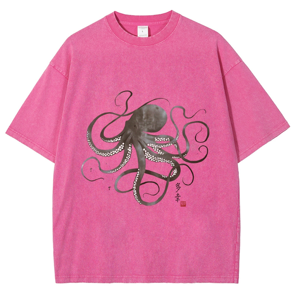 Octopus Japanese Calligraphy Washed T-Shirt