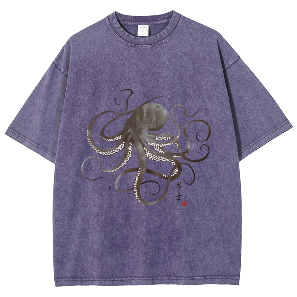 Octopus Japanese Calligraphy Washed T-Shirt