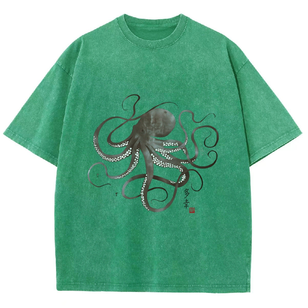Octopus Japanese Calligraphy Washed T-Shirt