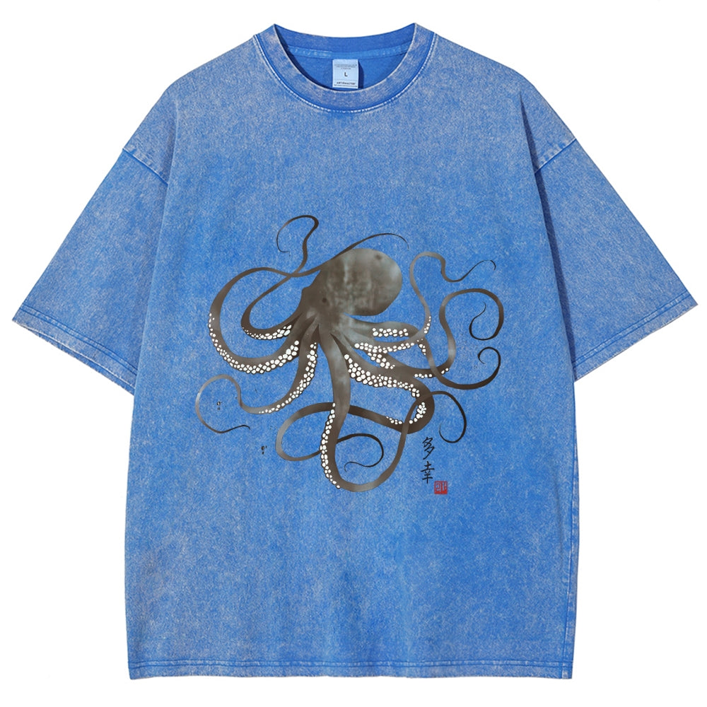 Octopus Japanese Calligraphy Washed T-Shirt