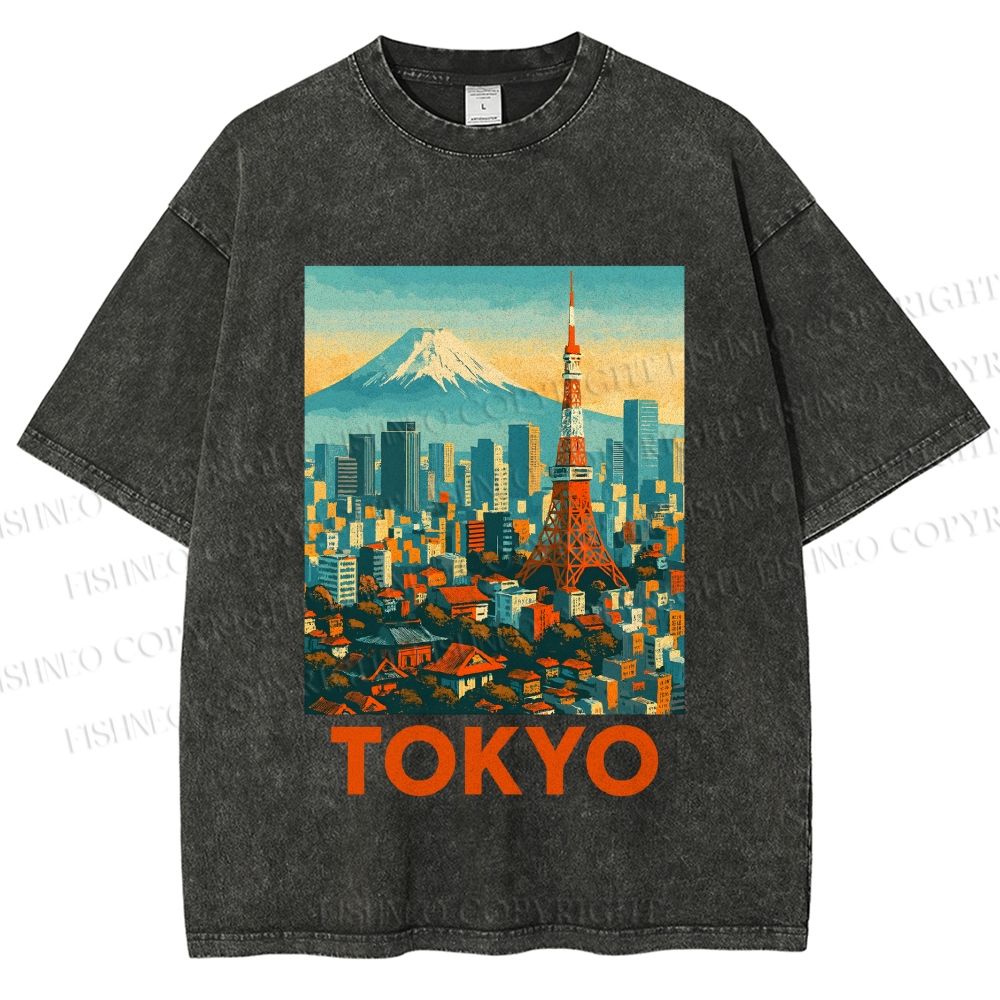 Unisex Japan Tokyo Printed Washed Tee