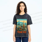 Unisex Japan Tokyo Printed Washed Tee