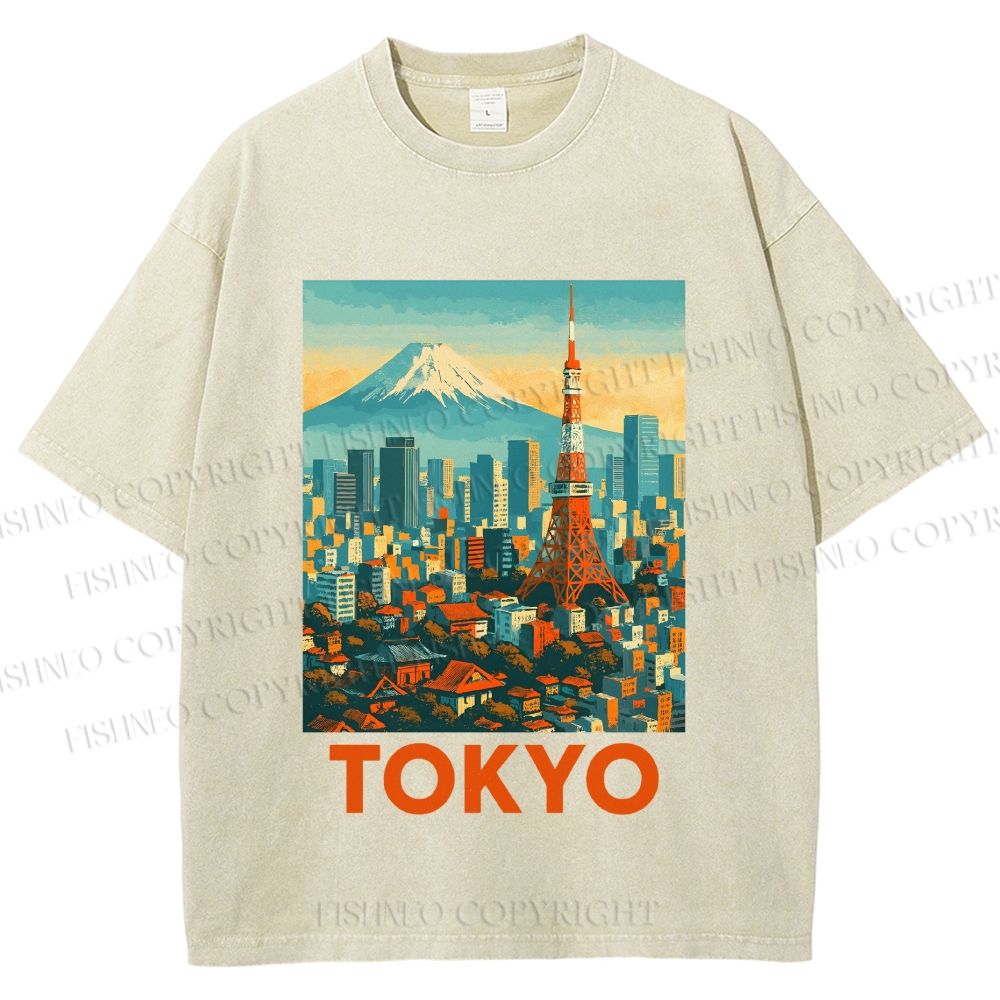 Unisex Japan Tokyo Printed Washed Tee