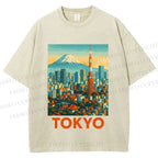 Unisex Japan Tokyo Printed Washed Tee