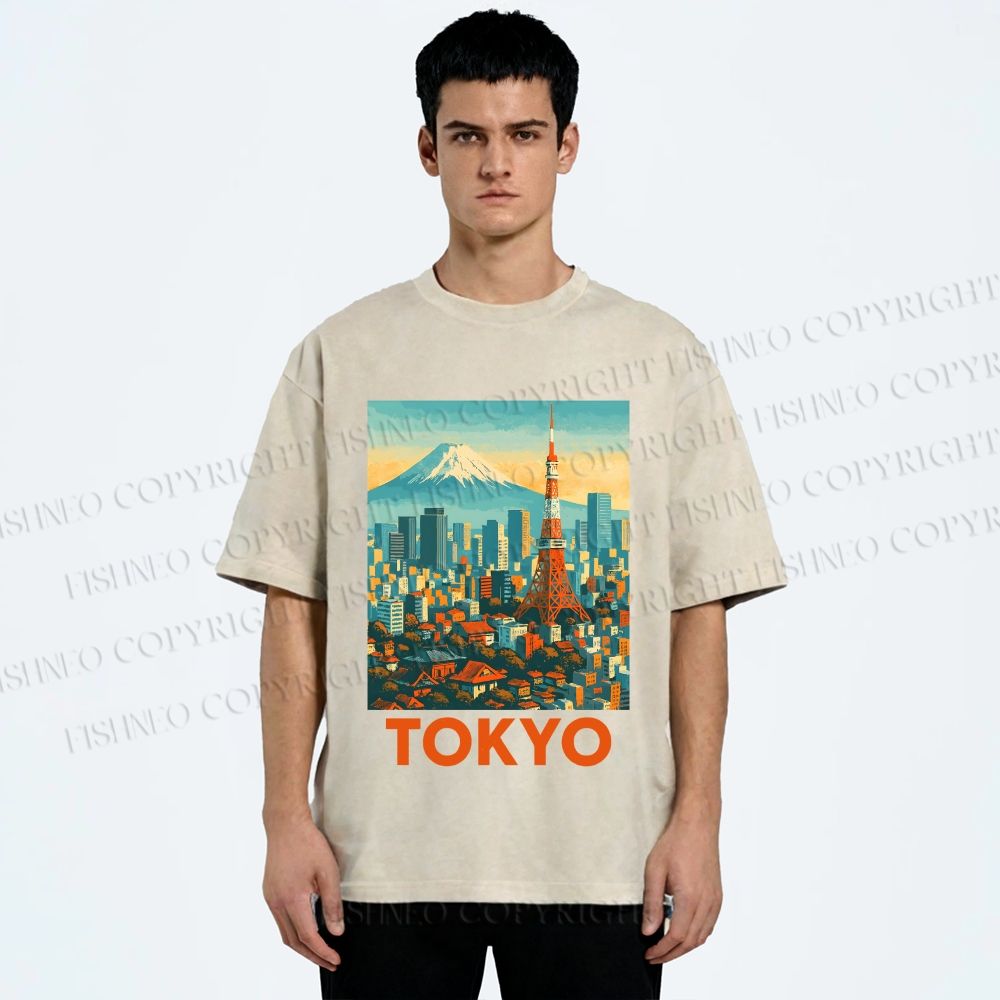 Unisex Japan Tokyo Printed Washed Tee