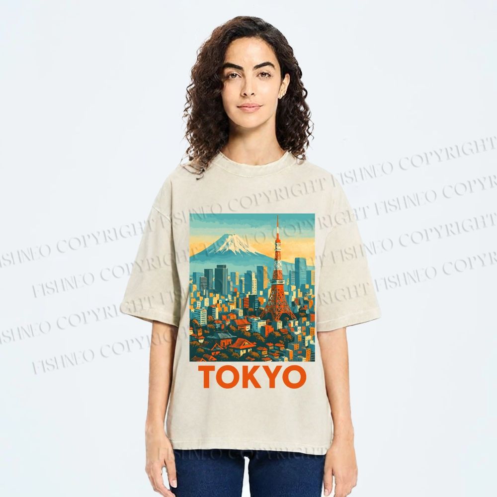 Unisex Japan Tokyo Printed Washed Tee
