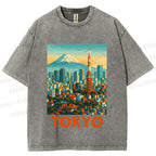 Unisex Japan Tokyo Printed Washed Tee