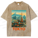 Unisex Japan Tokyo Printed Washed Tee