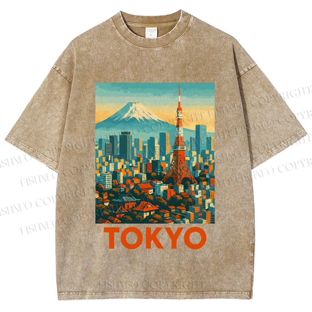 Unisex Japan Tokyo Printed Washed Tee