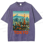Unisex Japan Tokyo Printed Washed Tee