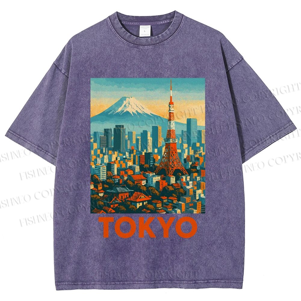 Unisex Japan Tokyo Printed Washed Tee
