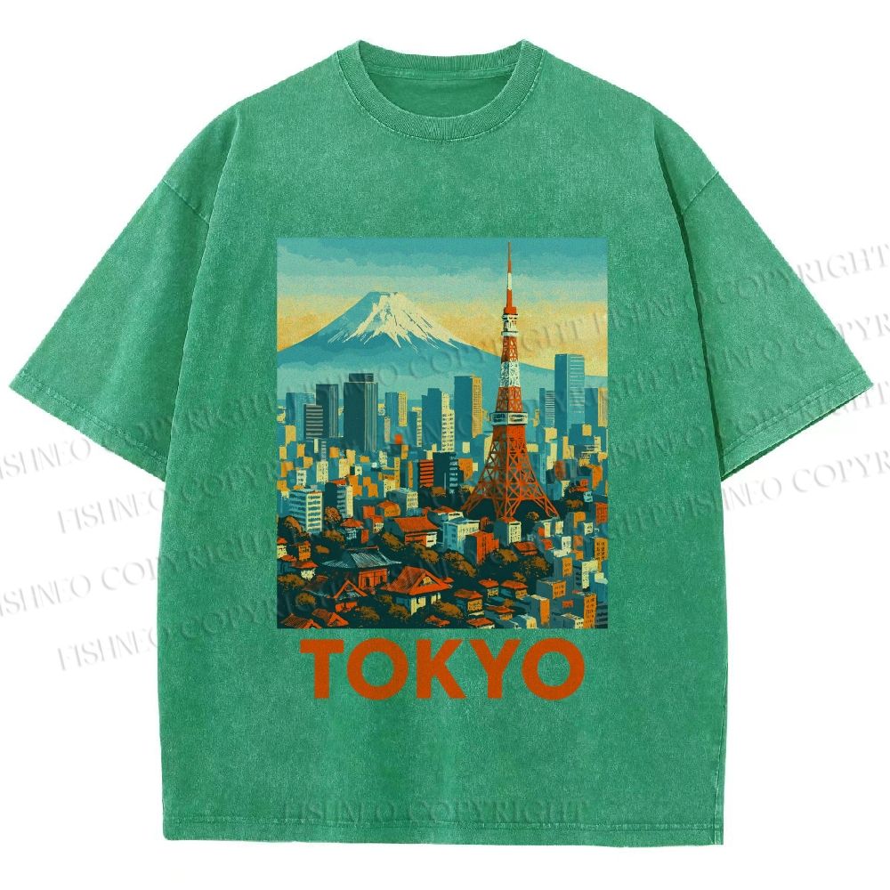 Unisex Japan Tokyo Printed Washed Tee