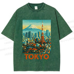 Unisex Japan Tokyo Printed Washed Tee