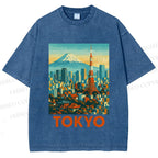 Unisex Japan Tokyo Printed Washed Tee