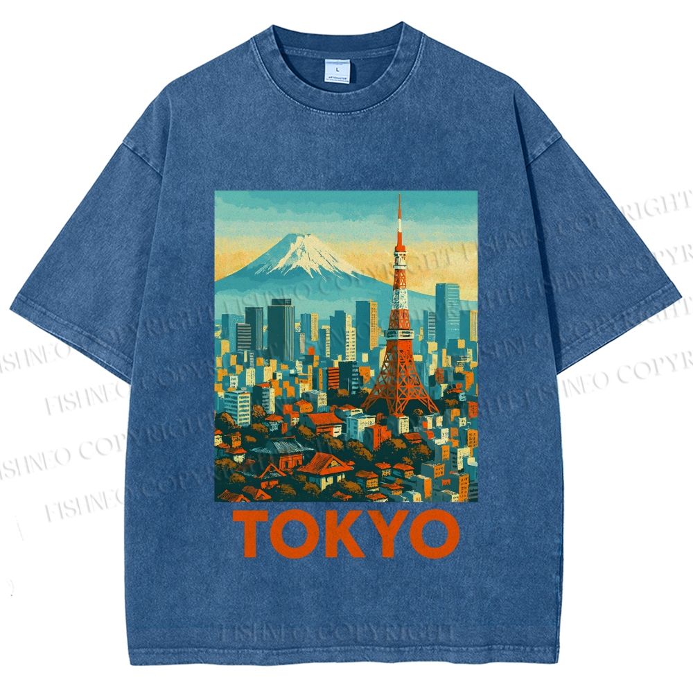 Unisex Japan Tokyo Printed Washed Tee