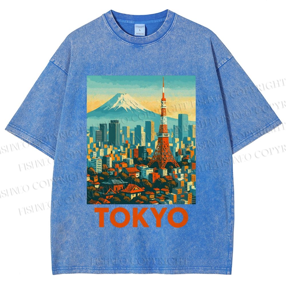 Unisex Japan Tokyo Printed Washed Tee