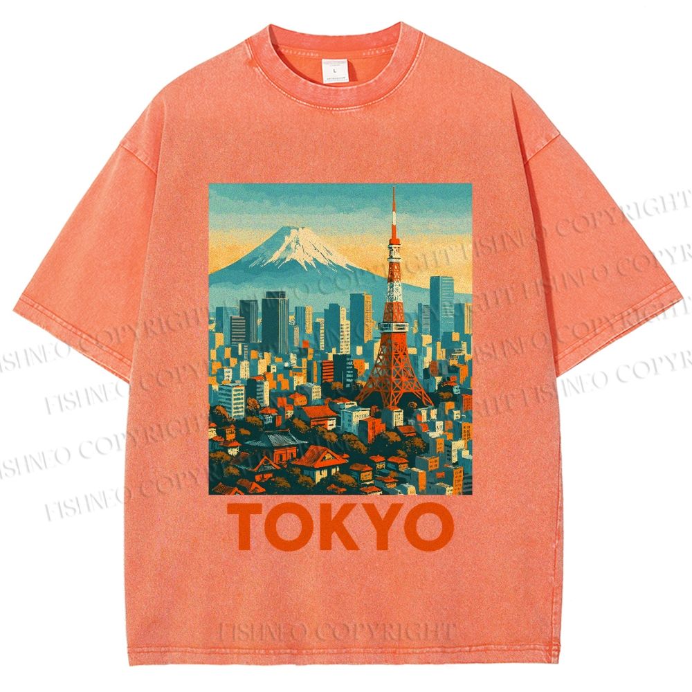Unisex Japan Tokyo Printed Washed Tee