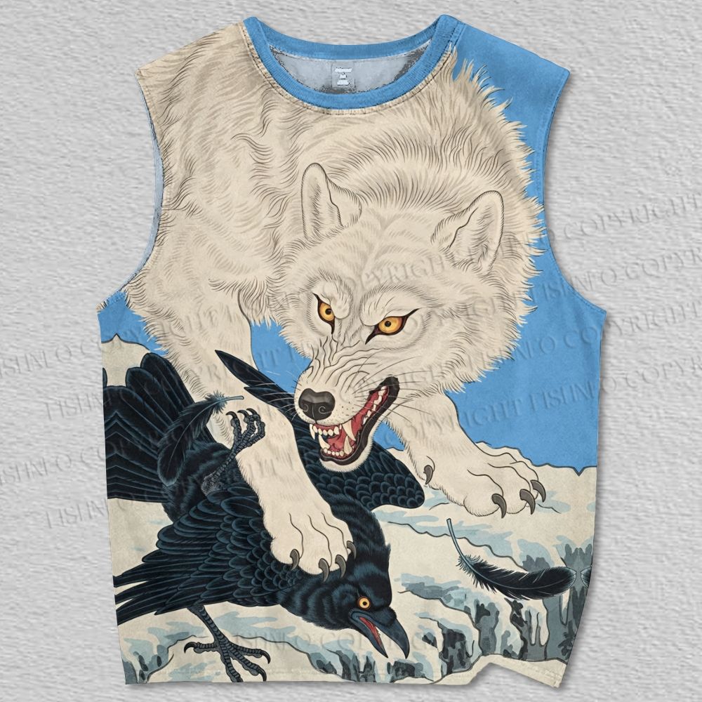 Unisex Vintage Arctic Wolf vs Crow Printed Tank Top
