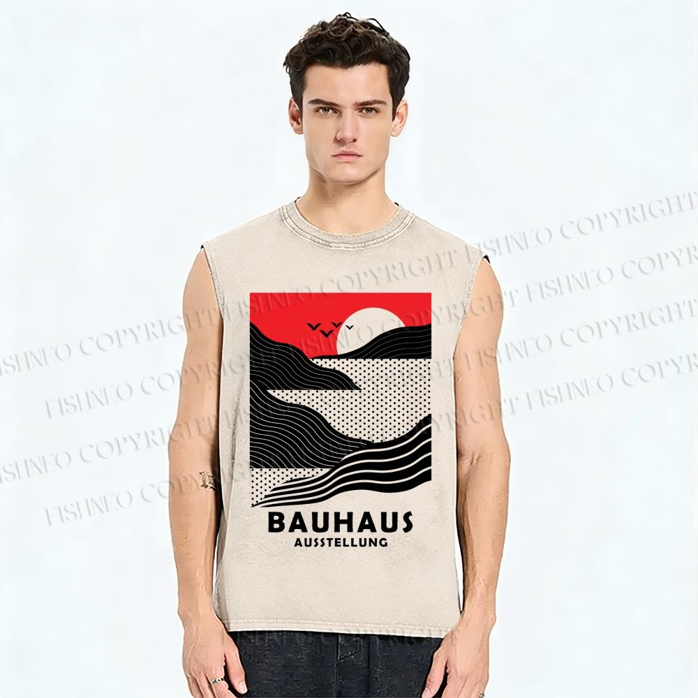 Unisex Bauhaus Wave And Sunset Printed Washed Tank Top