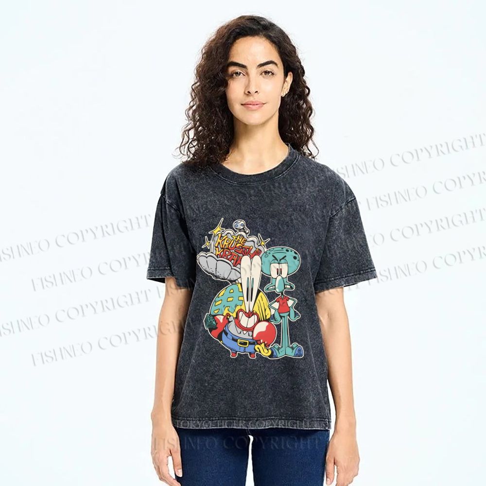 Unisex SpongeBob Squidward and Mr.Krabs Printed Washed Tee