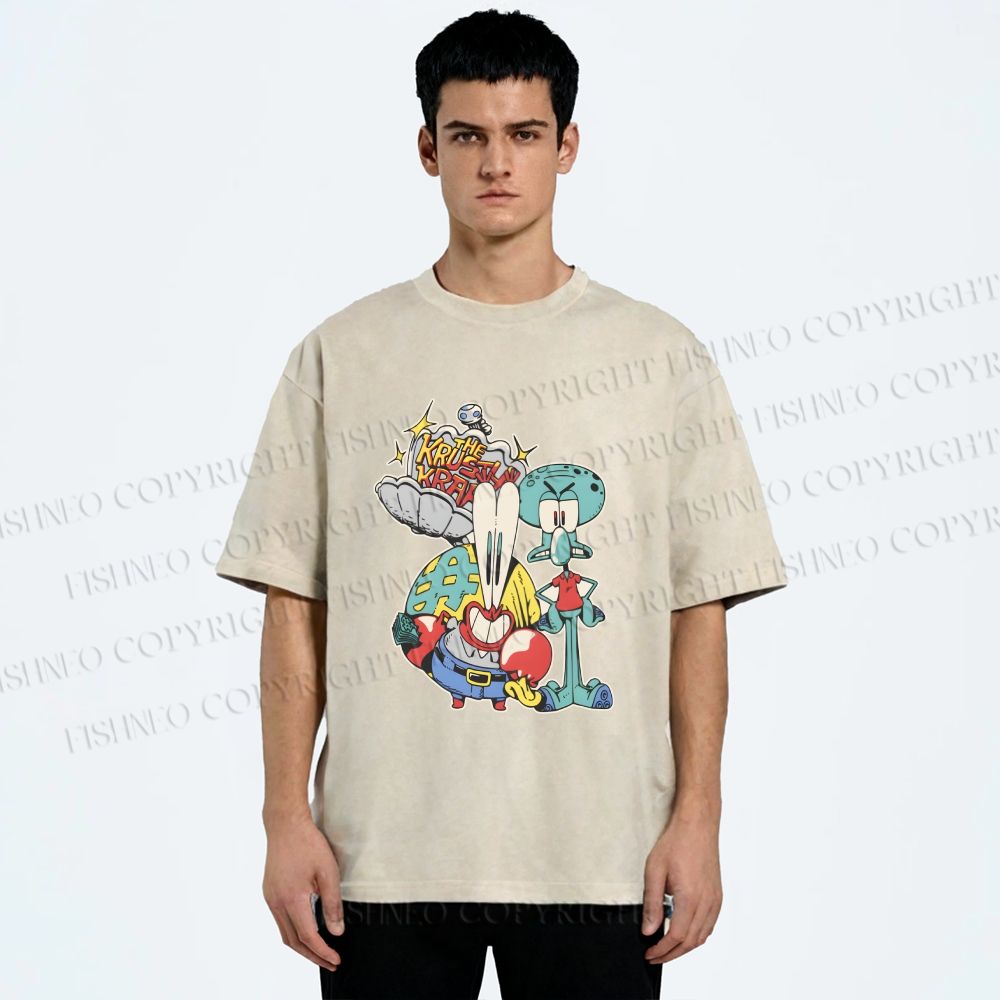 Unisex SpongeBob Squidward and Mr.Krabs Printed Washed Tee