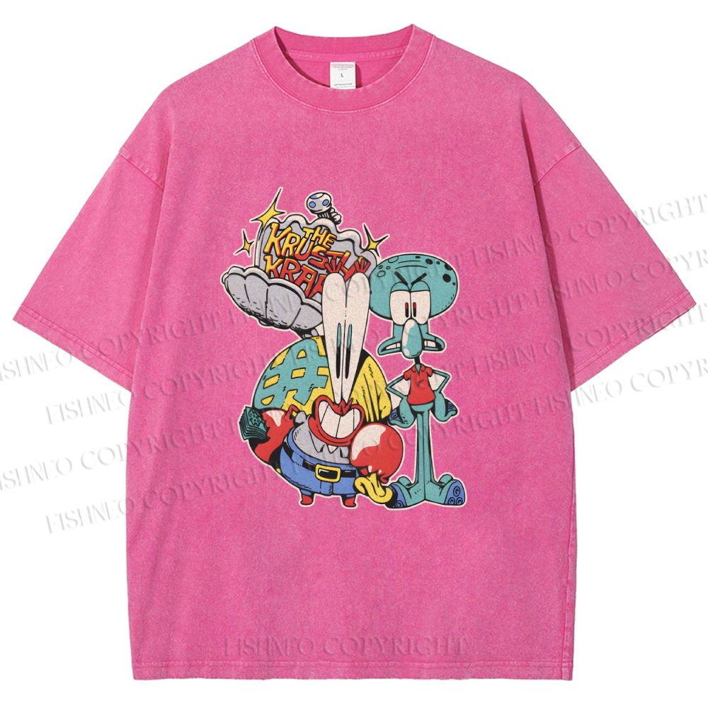 Unisex SpongeBob Squidward and Mr.Krabs Printed Washed Tee