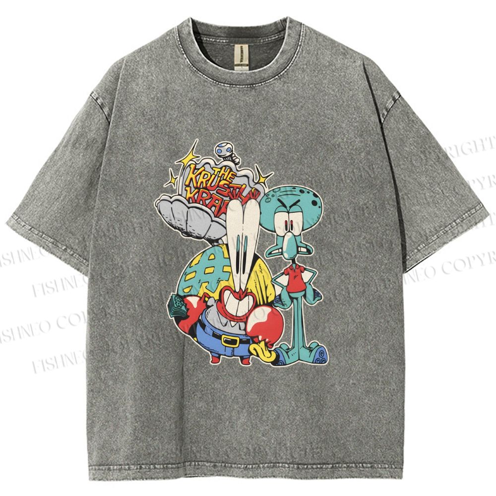 Unisex SpongeBob Squidward and Mr.Krabs Printed Washed Tee