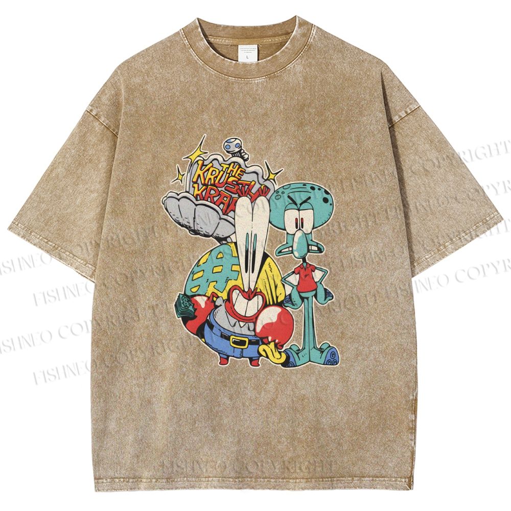 Unisex SpongeBob Squidward and Mr.Krabs Printed Washed Tee