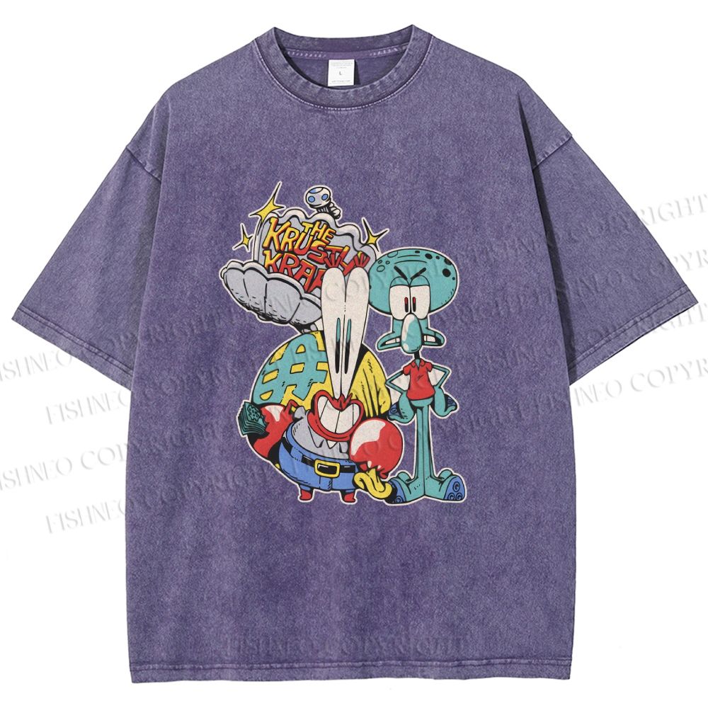 Unisex SpongeBob Squidward and Mr.Krabs Printed Washed Tee