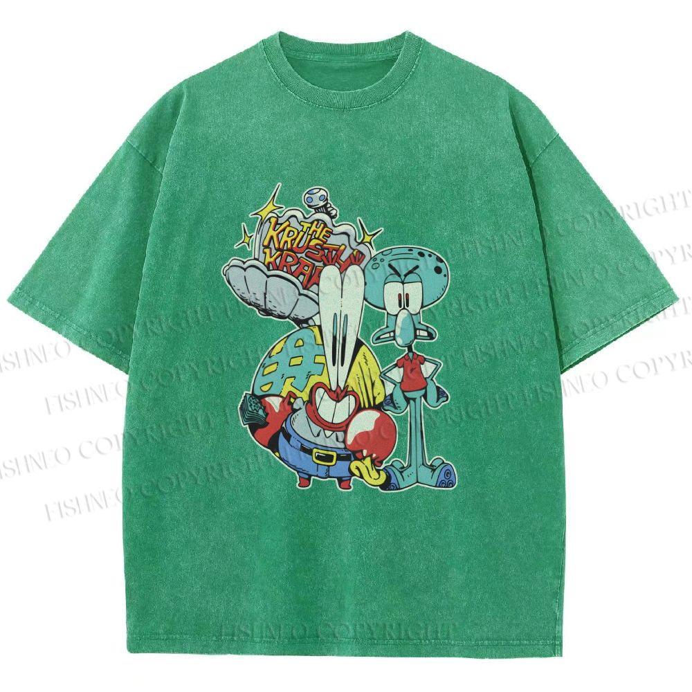 Unisex SpongeBob Squidward and Mr.Krabs Printed Washed Tee
