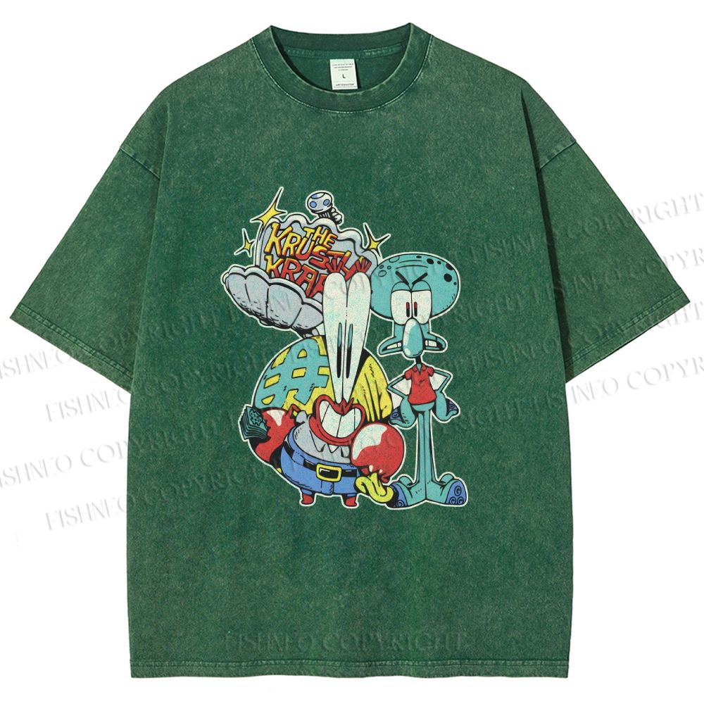 Unisex SpongeBob Squidward and Mr.Krabs Printed Washed Tee