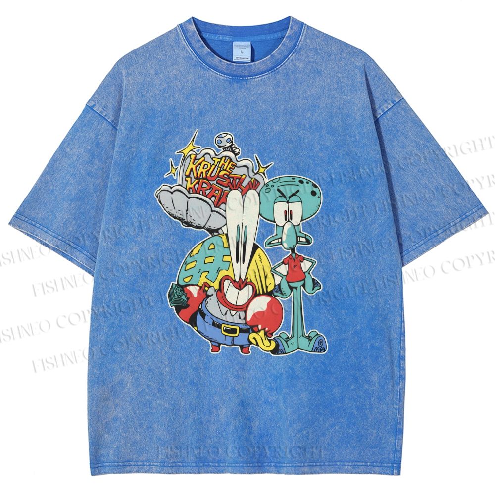 Unisex SpongeBob Squidward and Mr.Krabs Printed Washed Tee