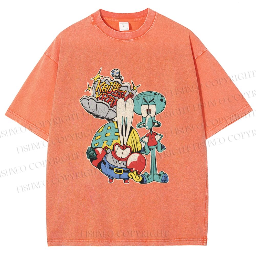 Unisex SpongeBob Squidward and Mr.Krabs Printed Washed Tee