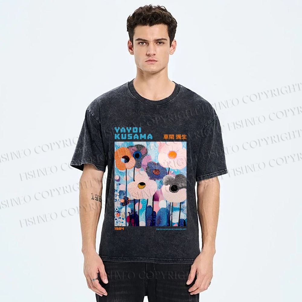 Unisex Yayoi Kusama Blue Flowers  Printed Washed Tee