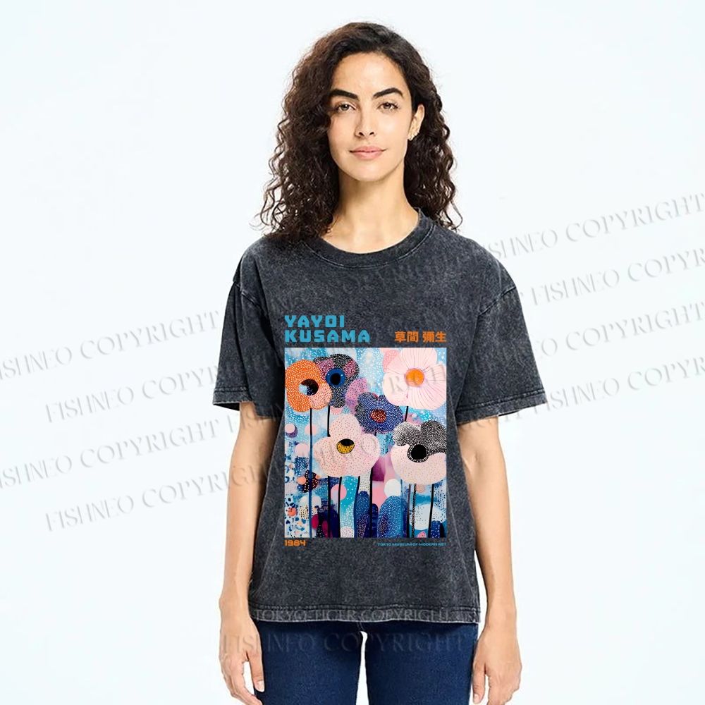Unisex Yayoi Kusama Blue Flowers  Printed Washed Tee