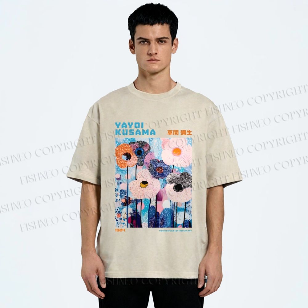 Unisex Yayoi Kusama Blue Flowers  Printed Washed Tee
