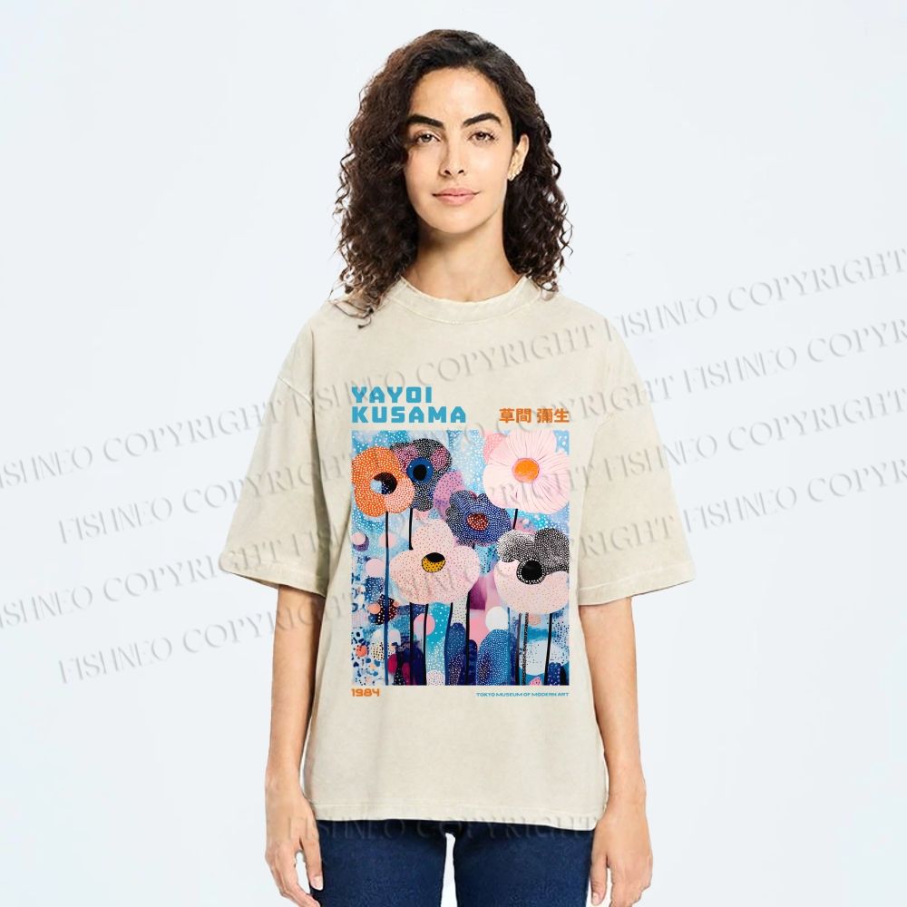 Unisex Yayoi Kusama Blue Flowers  Printed Washed Tee