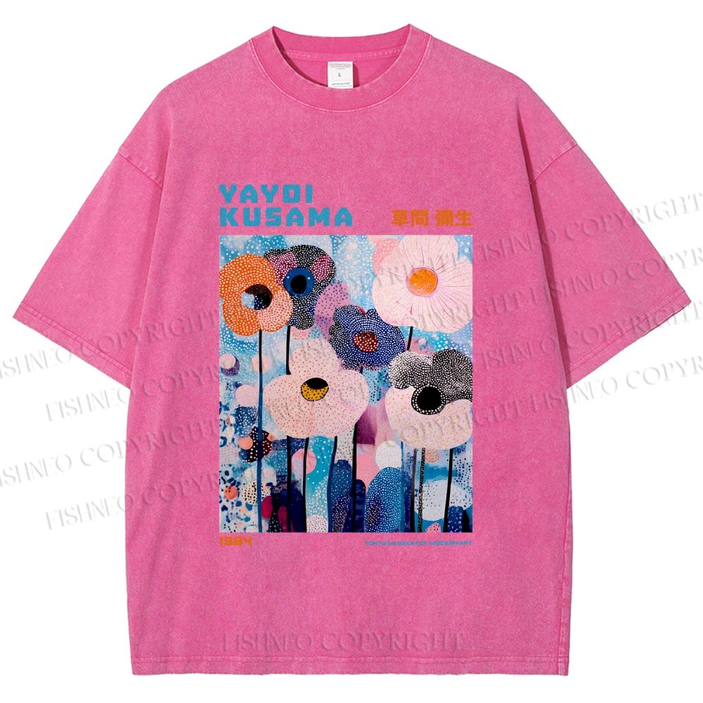 Unisex Yayoi Kusama Blue Flowers  Printed Washed Tee