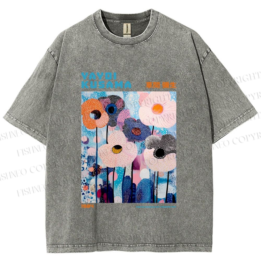 Unisex Yayoi Kusama Blue Flowers  Printed Washed Tee