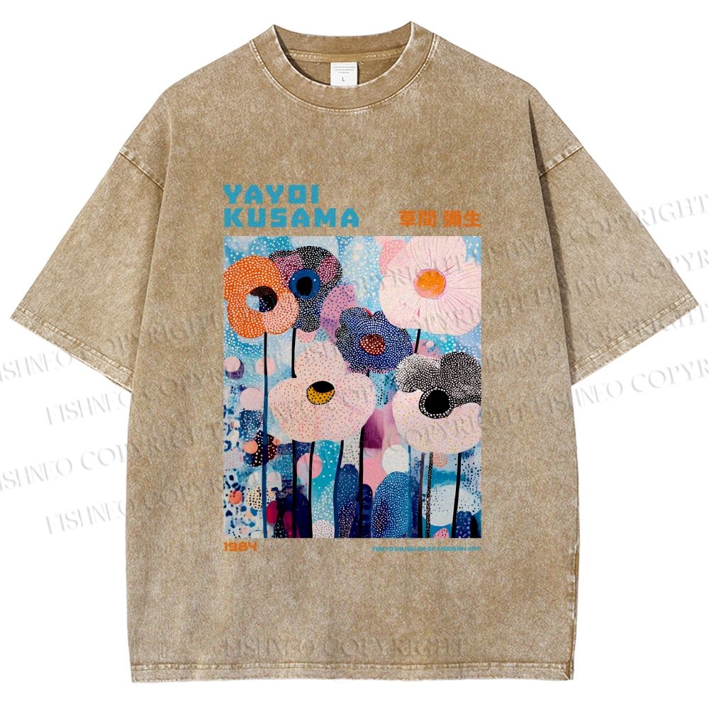 Unisex Yayoi Kusama Blue Flowers  Printed Washed Tee