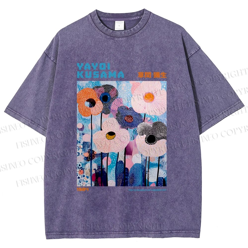 Unisex Yayoi Kusama Blue Flowers  Printed Washed Tee