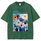 Unisex Yayoi Kusama Blue Flowers  Printed Washed Tee