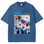 Unisex Yayoi Kusama Blue Flowers  Printed Washed Tee