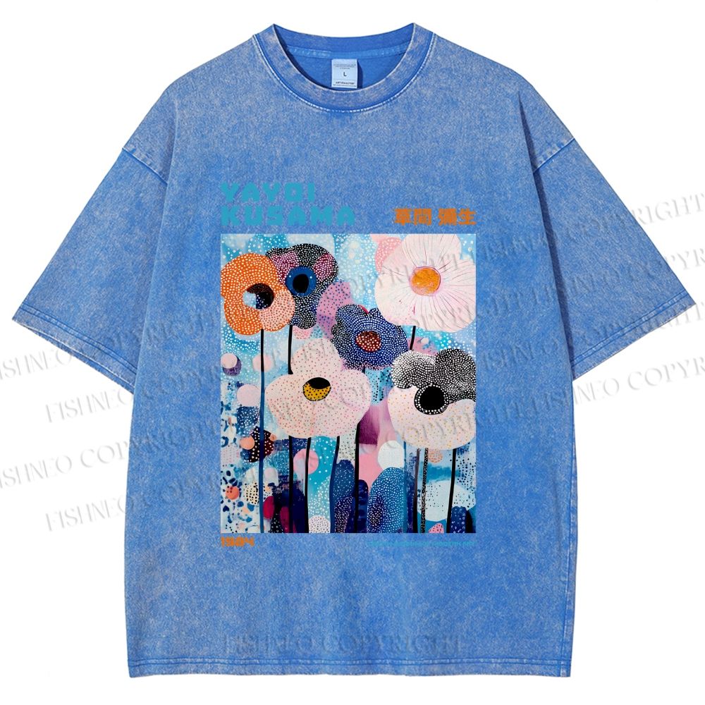 Unisex Yayoi Kusama Blue Flowers  Printed Washed Tee