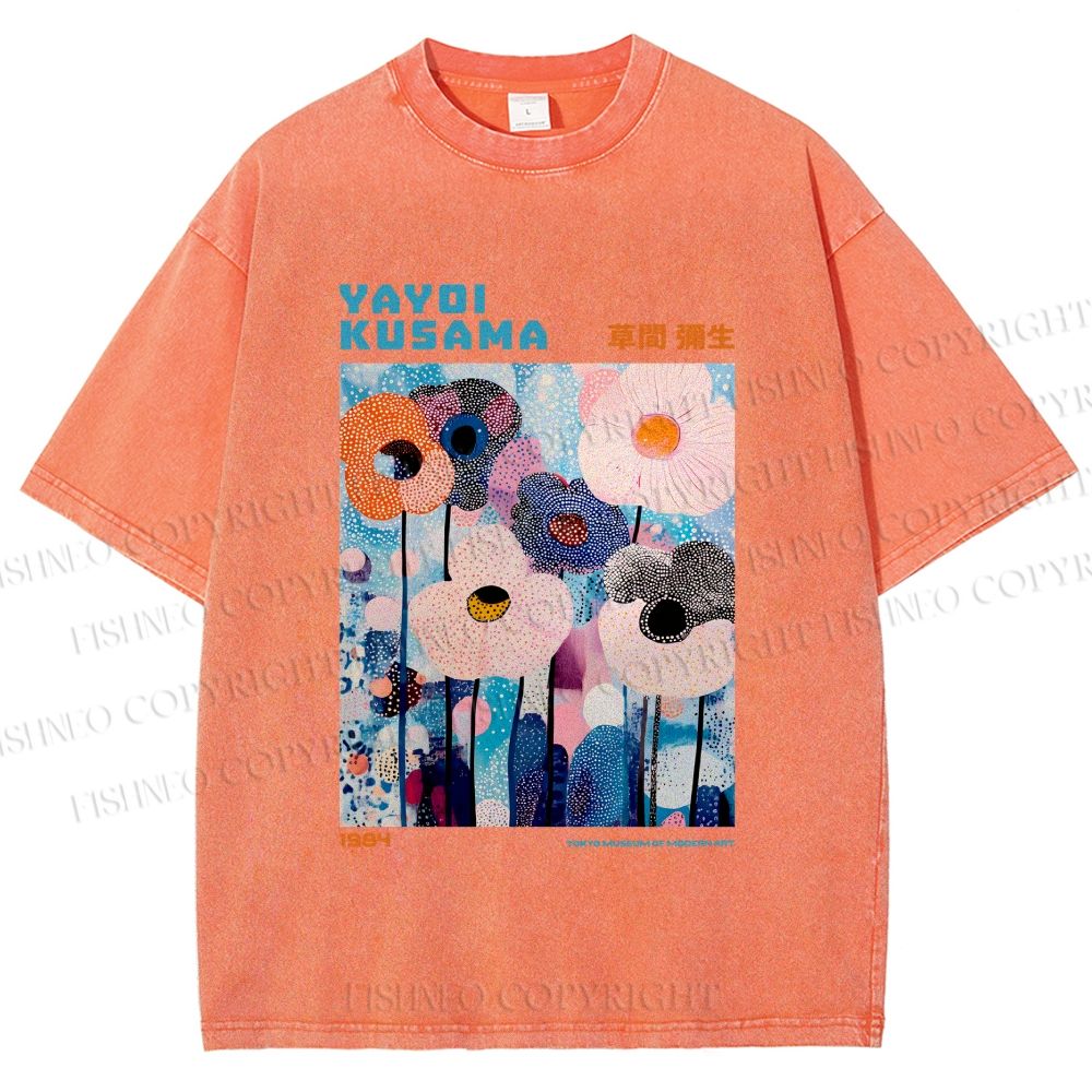 Unisex Yayoi Kusama Blue Flowers  Printed Washed Tee
