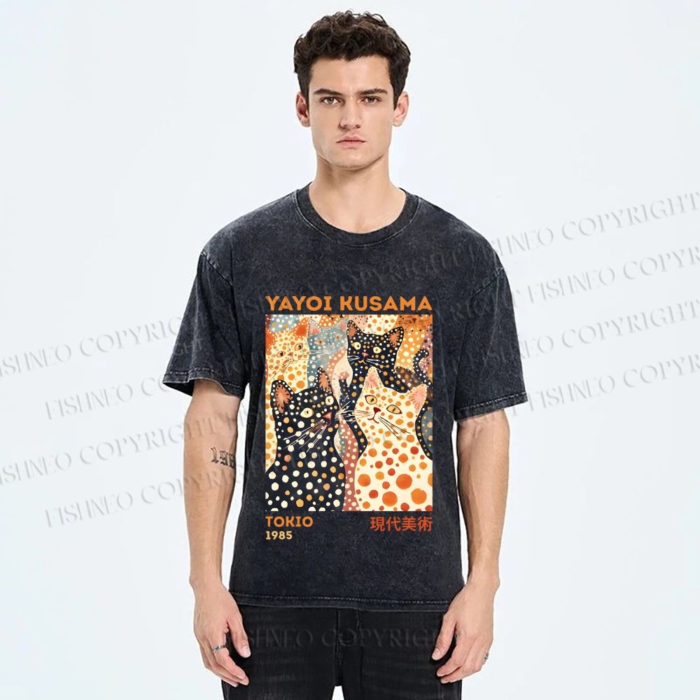 Unisex Yayoi Kusama Cats With Dots Printed Washed Tee