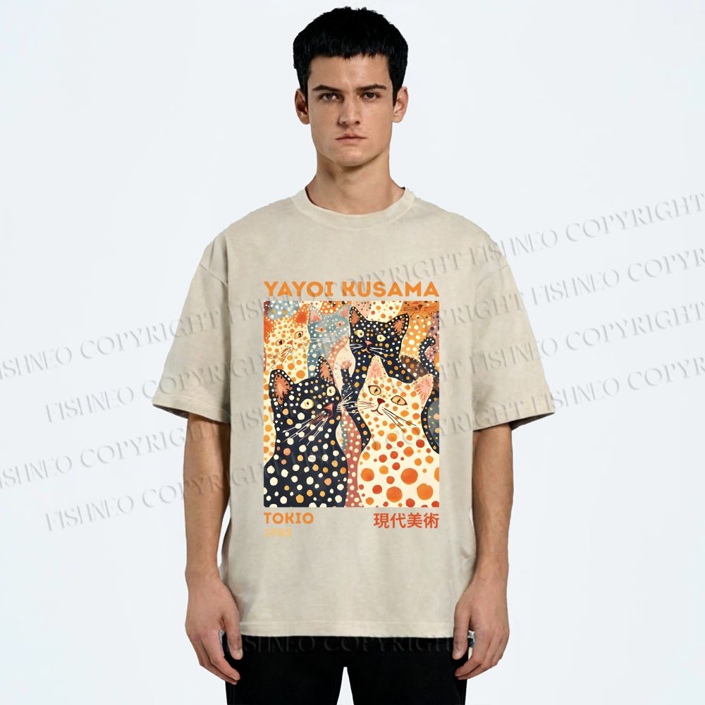 Unisex Yayoi Kusama Cats With Dots Printed Washed Tee
