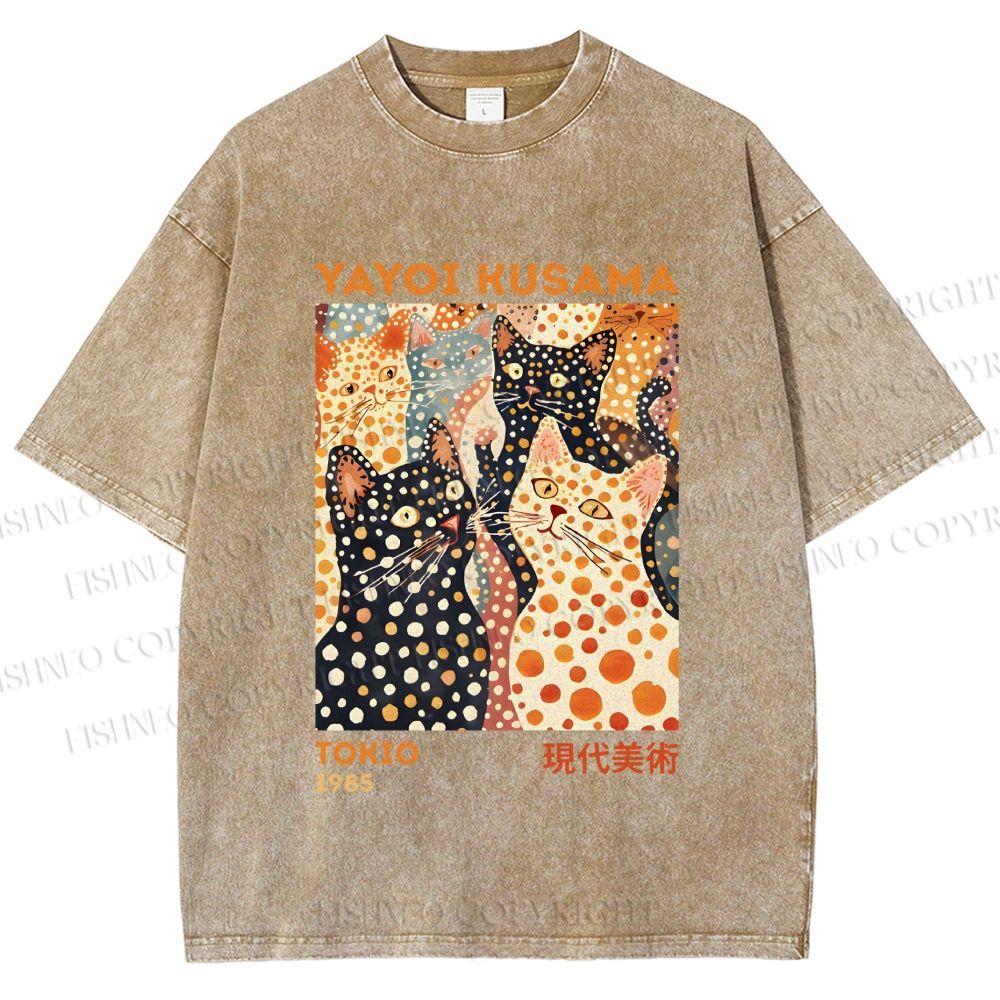 Unisex Yayoi Kusama Cats With Dots Printed Washed Tee