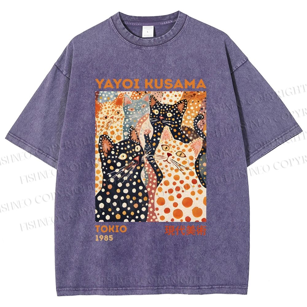 Unisex Yayoi Kusama Cats With Dots Printed Washed Tee