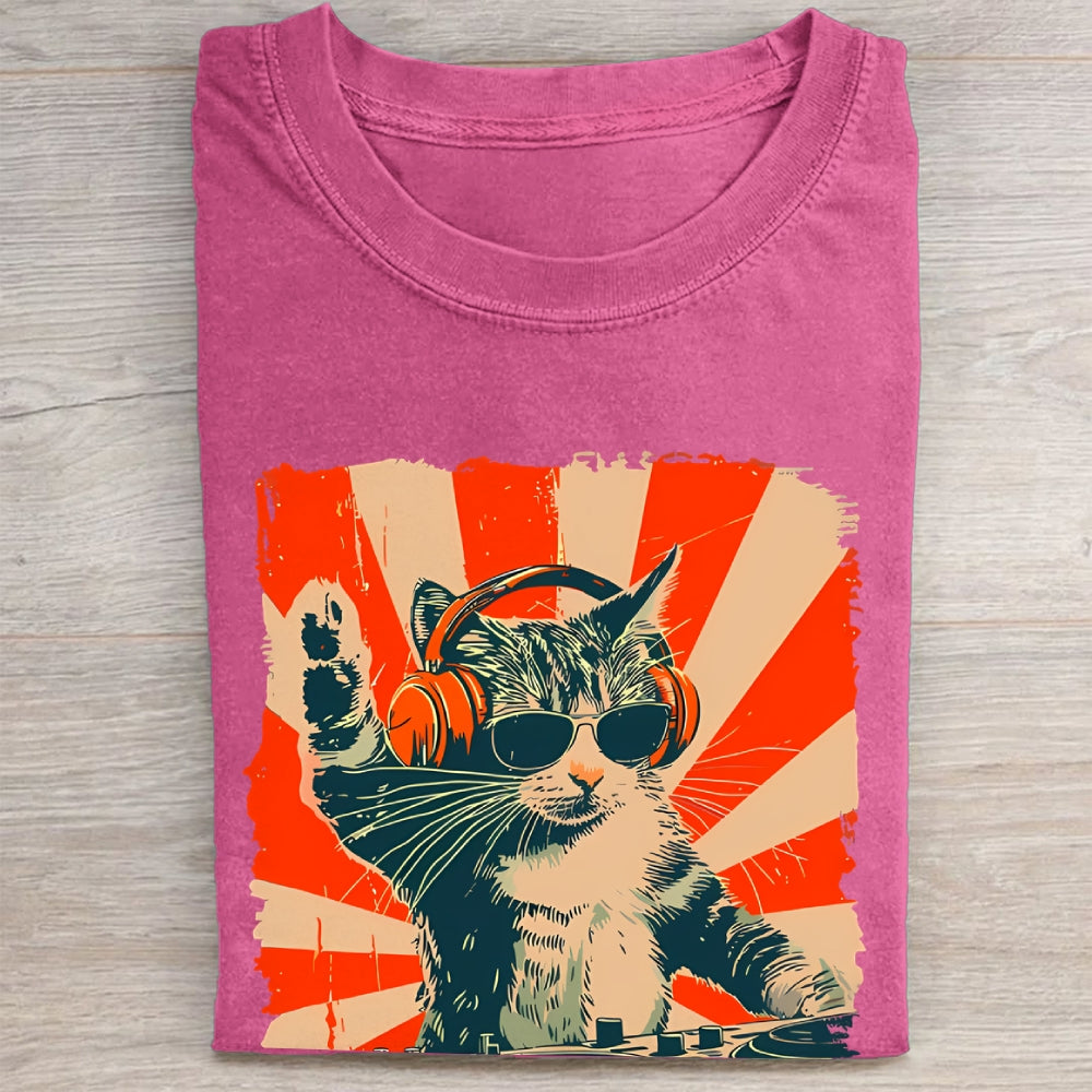 Unisex Cool DJ Cat Printed Washed Folded T-shirt